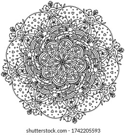 Black and white mandala vector isolated on white. Hand-drawn element. Adult coloring book. Zen art style illustration.