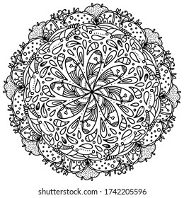 Vector de mandala blanca y negra aislado en blanco. Elemento dibujado a mano. Libro de colorantes para adultos. Ilustración de estilo de arte zen.