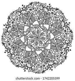 Schwarz-Weiß Mandala Vektor isoliert auf Weiß. Handgezeichnetes Element. Farbbuch für Erwachsene. Zen Art Illustration.