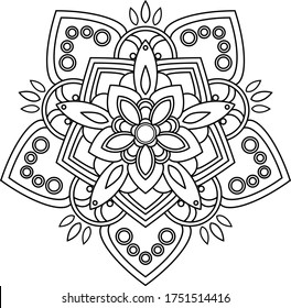 Schwarz-Weiß-Mandala-Vektorgrafik einzeln auf Weiß. Vektor handgezeichnet, rund verziert. Orientalisches Muster. Indisch, ethnisch. Farbige Buchseite.
