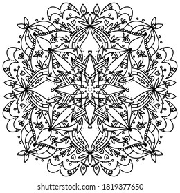 Black and white mandala vector isolated on white. Hand-drawn element. Adult coloring book. Zen art style illustration.