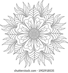 Vector de mandala blanca y negra aislado en blanco. Elemento decorativo circular dibujado a mano vectorial