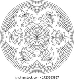 Vector de mandala blanca y negra aislado en blanco. Ilustración de material de elementos decorativos circulares dibujados a mano por vectores