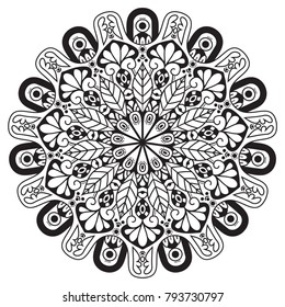 Black and white mandala vector isolated on white. Vector hand drawn circular decorative element.