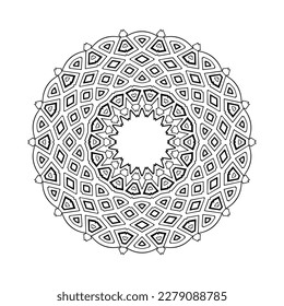 Schwarz-Weiß-Mandala-Vektorgrafik. Rundschmuck mit dünnen und fetten geometrischen Linien, dreieckigen und rhombus Elementen.