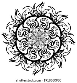 Black and white mandala, vintage indian ornament, boho, ethnic pattern, t-shirt print, coloring book for adults, yoga, meditation. Stock vector illustration isolated on white background. Tattoo