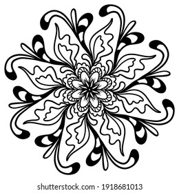 Black and white mandala, vintage indian ornament, boho, ethnic pattern, t-shirt print, coloring book for adults, yoga, meditation. Stock vector illustration isolated on white background. Tattoo