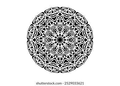 Black and white mandala-inspired illustration with intricate patterns and circular design
