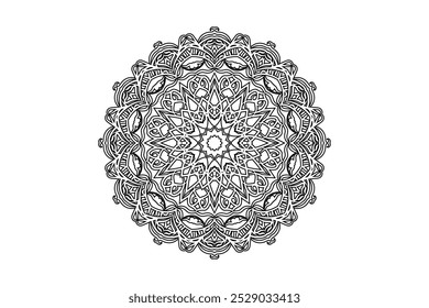 Imagem inspirada em mandala em preto e branco com um padrão circular detalhado e simetria artística