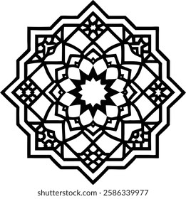 A black and white mandala-style Islamic geometric pattern symbolizing spiritual focus during Ramadan.