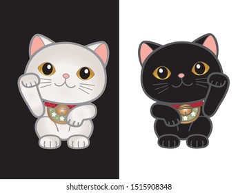 Black and White maneki neko. beckoning cat. Japanese lucky cat. Cute cat Yin Yang.  