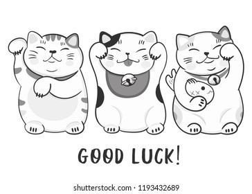 Black and white maneki neko. Hand drawn vector set. All elements are isolated