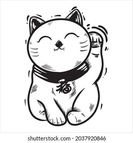 black and white maneki neko lucky cat statue vector illustration