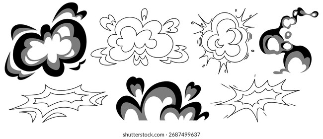 Nubes de efecto explosivo de manga en blanco y negro con patrones de explosión dinámica para escenas de acción. Estilo de cómic, humo, explosiones de impacto y símbolos de poder. Gráficos de batalla de dibujos animados japoneses.