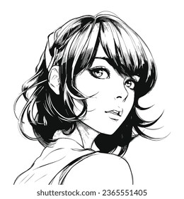 Retratos de Manga en blanco y negro: Escolar asiática con ojos grandes al estilo anime