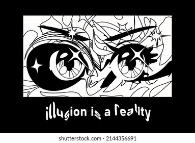 Black And White Manga Style Print With Female Anime Eyes. Graphic Vector Illustration For Poster Or Cover.