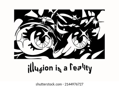 Black And White Manga Style Print With Female Anime Eyes. Graphic Vector Illustration For Poster Or Cover.