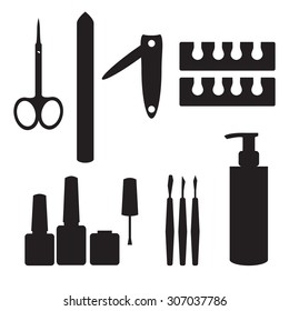 Black And White Manicure Icons. Pedicure Set Silhouettes. Scissors, Nail Polish, Nail File, Nail Clipper, Toe Separators, Cuticle Pusher, Nail Cleaner, Cuticle Knife. Hands Care Products And Tools