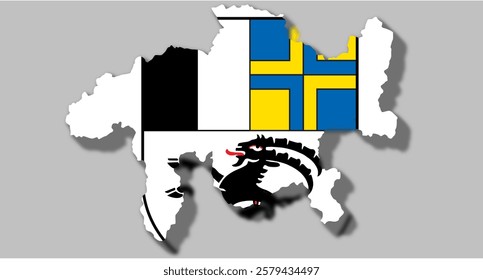 Black and white map with border of Swiss Canton of Graubünden combined with coat of arms with 3d effect. Illustration made January 31st, 2025, Zurich, Switzerland.