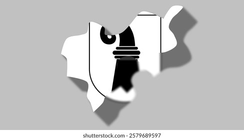 Black and white map with border of Swiss City of Basel and Canton of Basel-Stadt combined with coat of arms with 3d effect. Illustration made January 31st, 2025, Zurich, Switzerland.