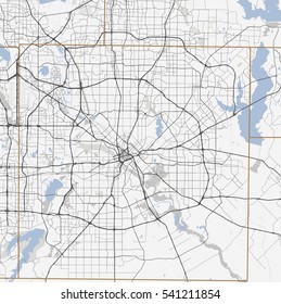 Black And White Map Of Dallas City. Texas Roads