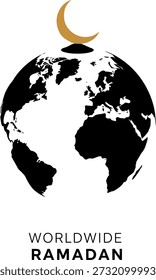 Black and white map globe with gold crescent moon and text worldwide ramadan