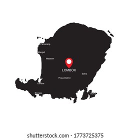Black and white map of Lombok Island in West Nusa Tenggara, Indonesia with location icon