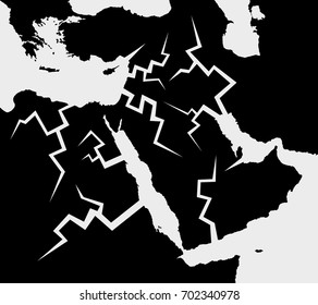 Black and white map of Middle east with cracks - conflict, crisis and tension in the region. Disintegration of territory