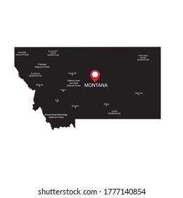 Black and white map of Montana in United States of America with location icon