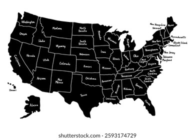 Black and White Map with Name United State of American Silhouette. Country America USA Geography Drawing. Flat Vector Illustration