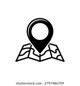 Black and white map pin icon resting on an open map with detailed borders and folds for location marking