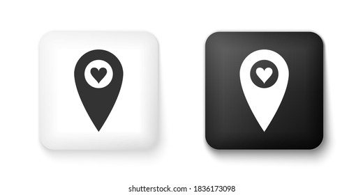 Black and white Map pointer with heart icon isolated on white background. Valentines day. Love location. Romantic map pin. Square button. Vector.