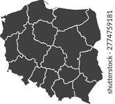 Black and white map of poland with regional borders
