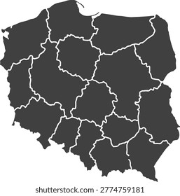 Black and white map of poland with regional borders