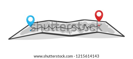 Black and white map with red and blue pointers of the starting point of the route and the final. GPS navigator. Vector illustration isolated on white background