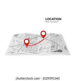 Black and white map with red pointers of the starting point of the route and the final. GPS navigator red color pin checking point to point route. Vector illustration isolated on white background