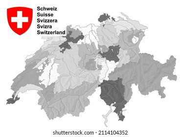 Black and white map with Swiss Cantons and coat of arms of Switzerland. Illustration made January 27th, 2022, Zurich, Switzerland.