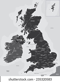 Black and white map of the UK and Ireland