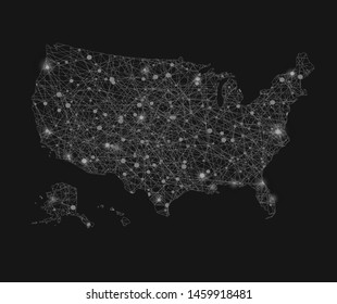 Black and white map of United States map of America with glowing points.