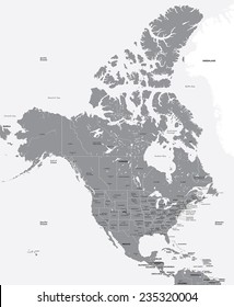 Black and white map of the USA and Canada