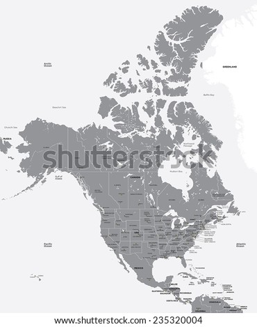 Black and white map of the USA and Canada