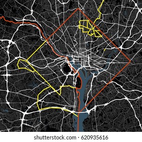 Black and white map of Washington city. District of Columbia Roads