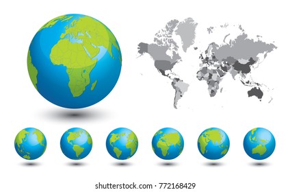 Black and white map of the world. A set of globes with different continents