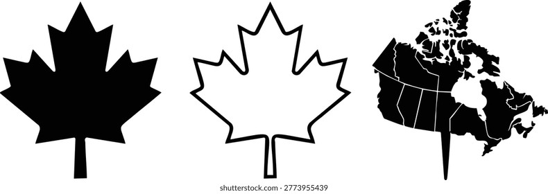 Black and white maple leaf with canada map silhouette