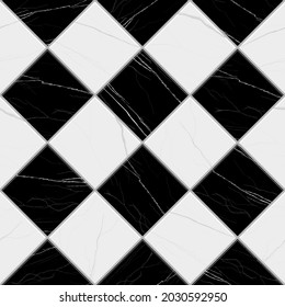 Black and white marble floor tile, checkered  or diagonal square format. Seamless pattern, vector illustration