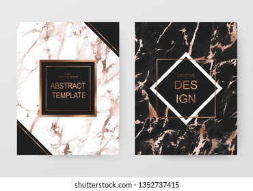 Black and white marble template design cards with copper  texture.