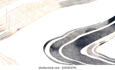 Black and white marble texture with Japanese wave pattern in vintage style. Abstract art  landscape banner design with brush stroke watercolor texture background vector.