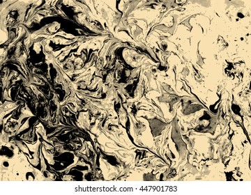 Black and white marble texture. Vector Hand drawn artwork on water. Liquid paint pattern. Abstract colorful background in ebru suminagashi technique. 
