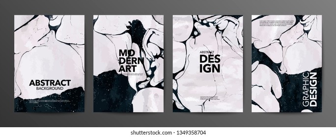 Black and white marble textures backgrounds set. Natural stone abstract backdrop drawing with text space. Paint mixing, fluid art. Modern art book, magazine cover, poster, flyer vector mockup 
