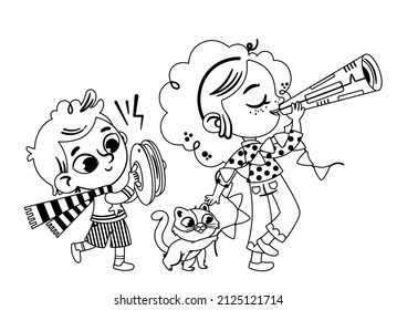 Black and white marching kids with a cat. Vector illustration.
